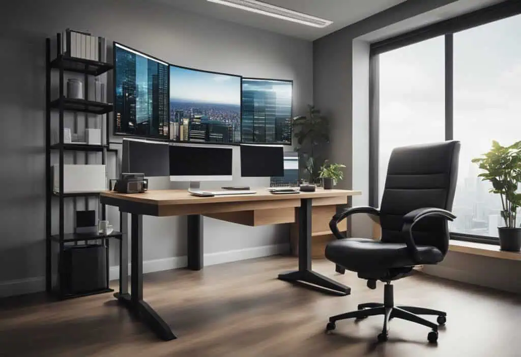 Modern office cabin with large window and ergonomic chair.