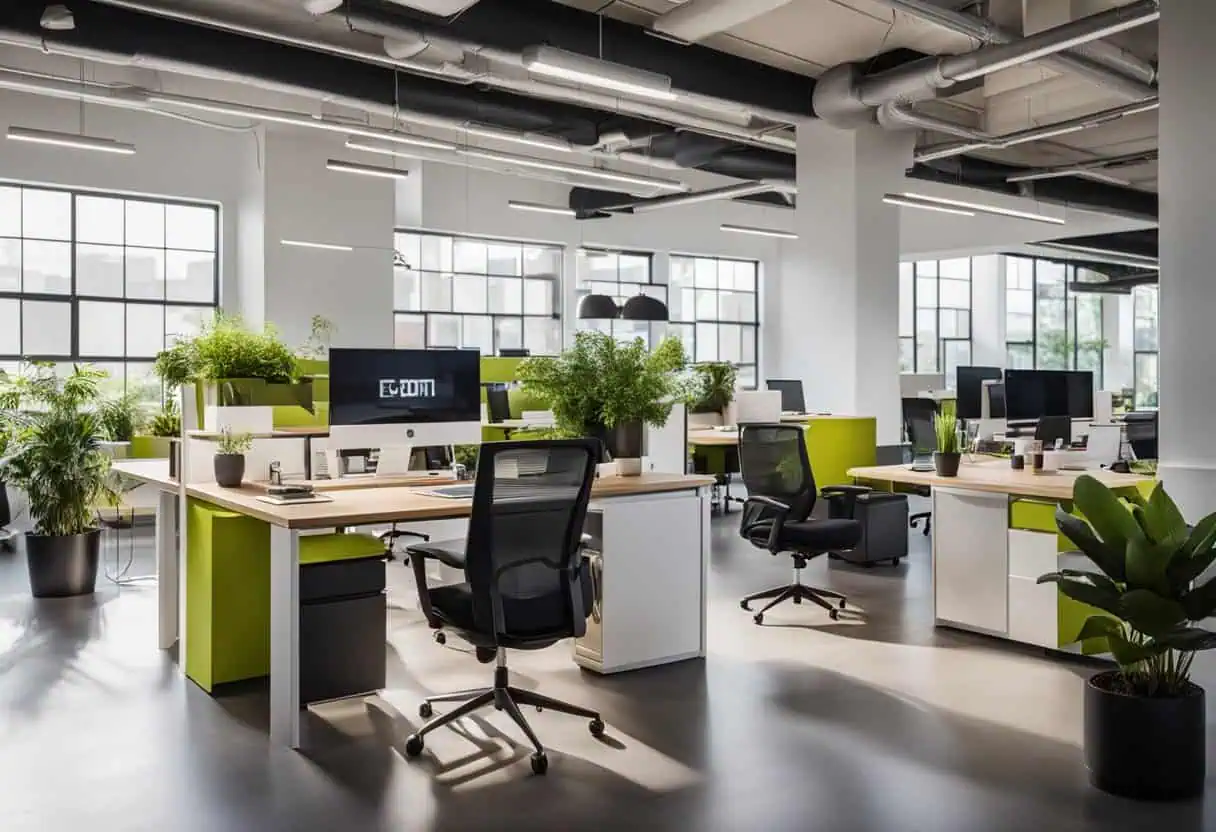 Ergonomic office desks with plants and natural light, designed to maximize space and boost productiv.
