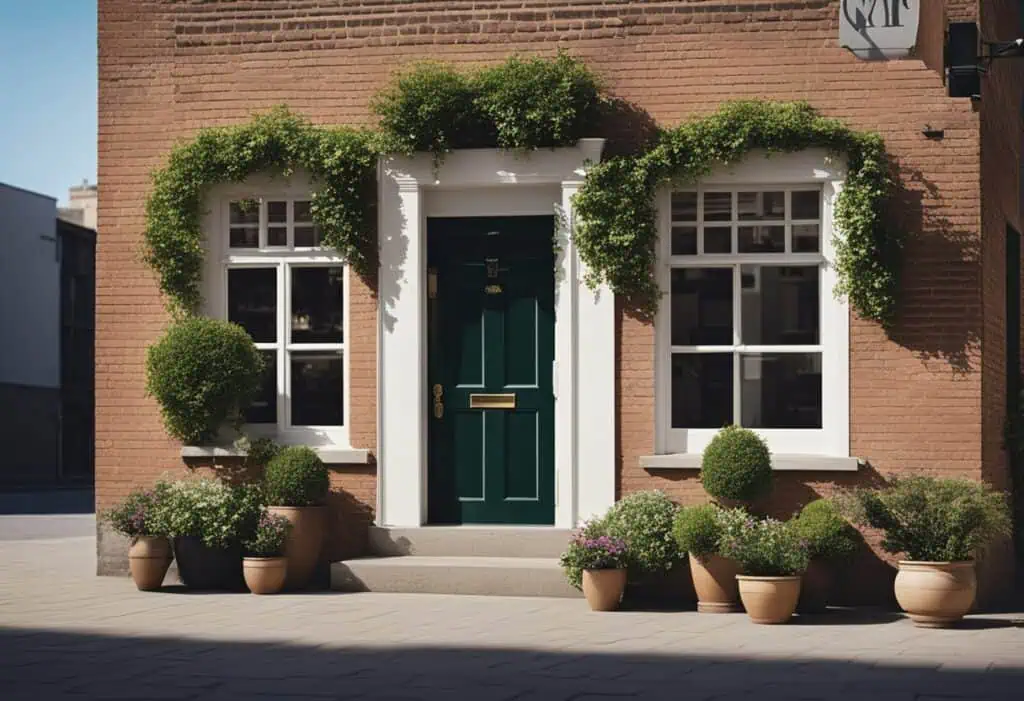 Charming small office facade with lush potted plants and vibrant greenery.