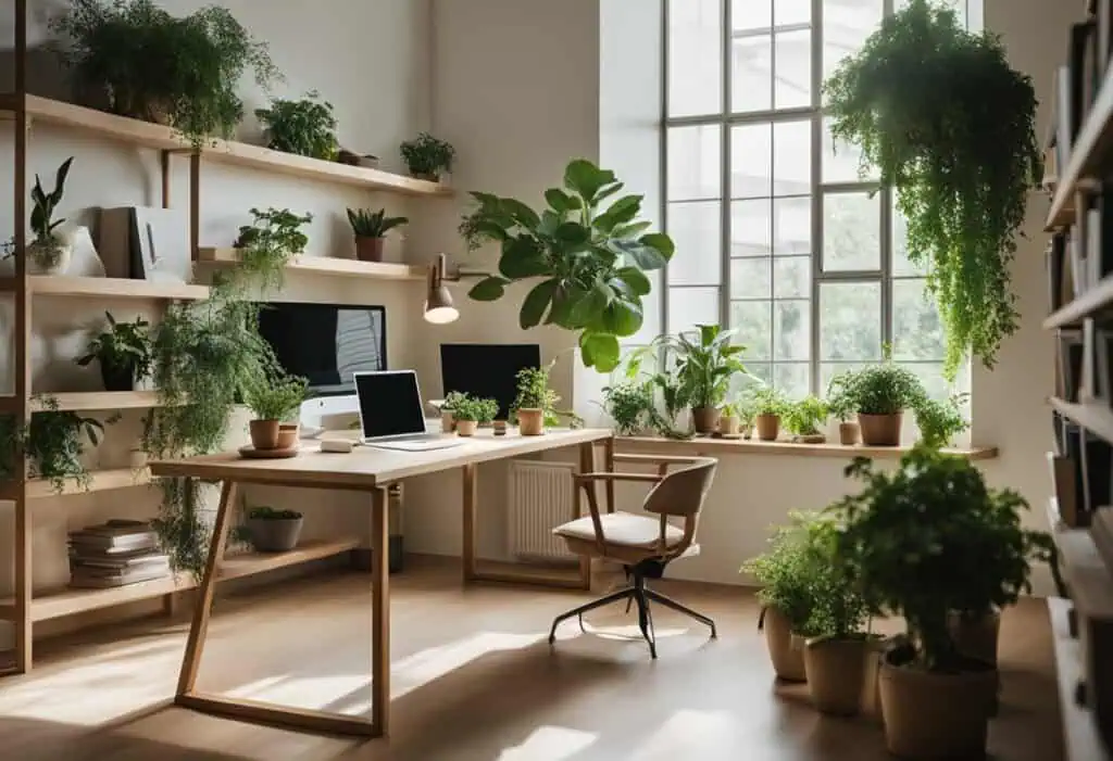 Bright office with lush indoor plants and natural light for a refreshing workspace.
