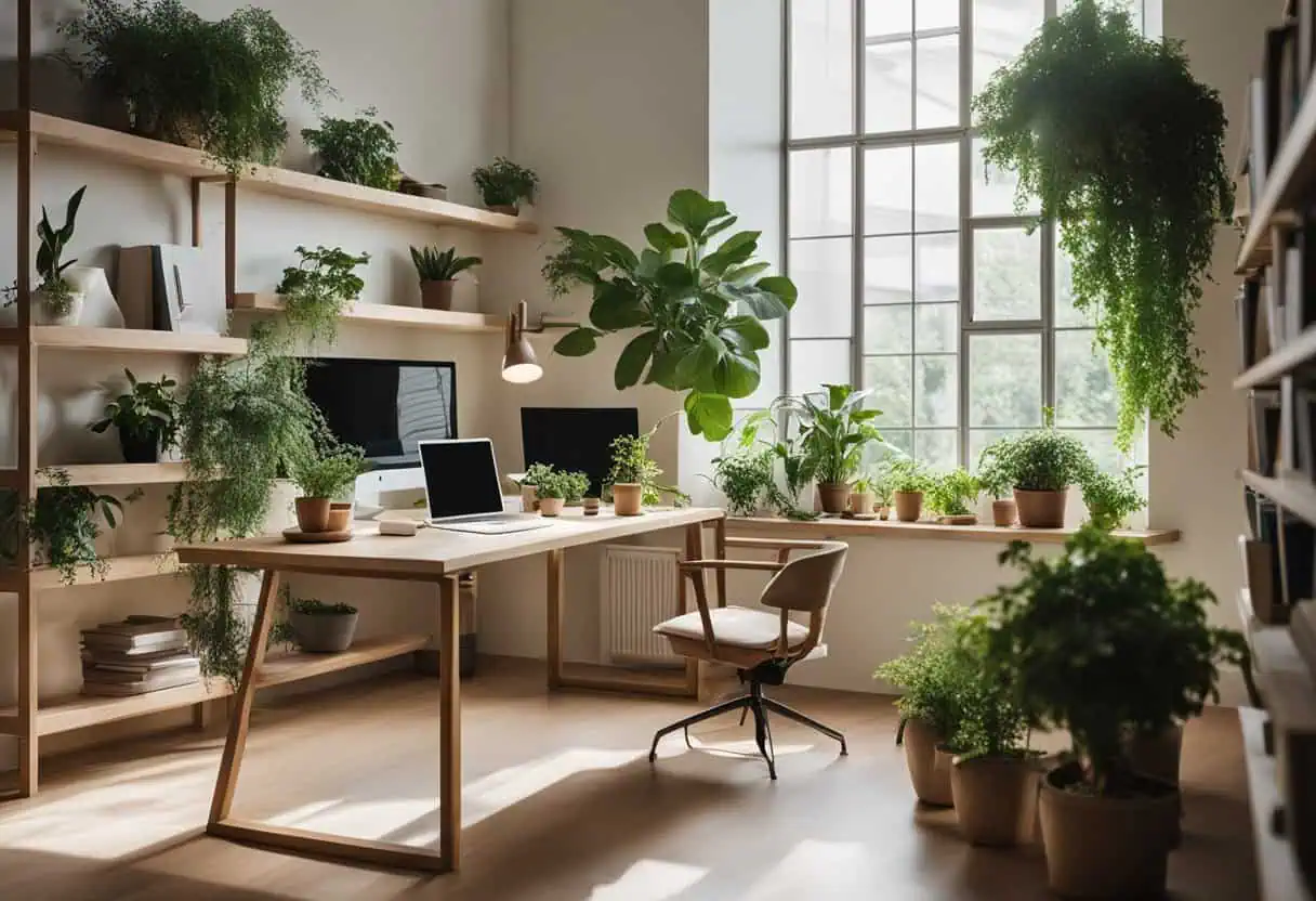 Bright office with lush indoor plants and natural light for a refreshing workspace.