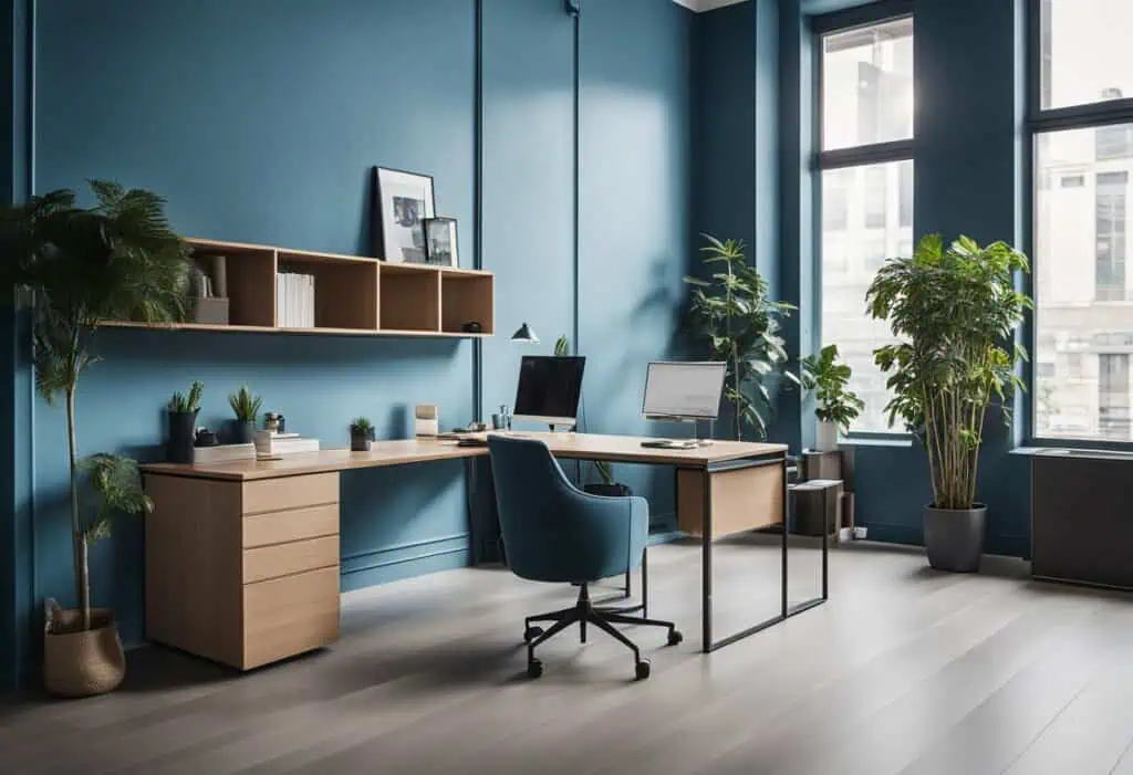 Bright office space with blue walls, large windows, and lush green plants for a fresh workspace vibe.
