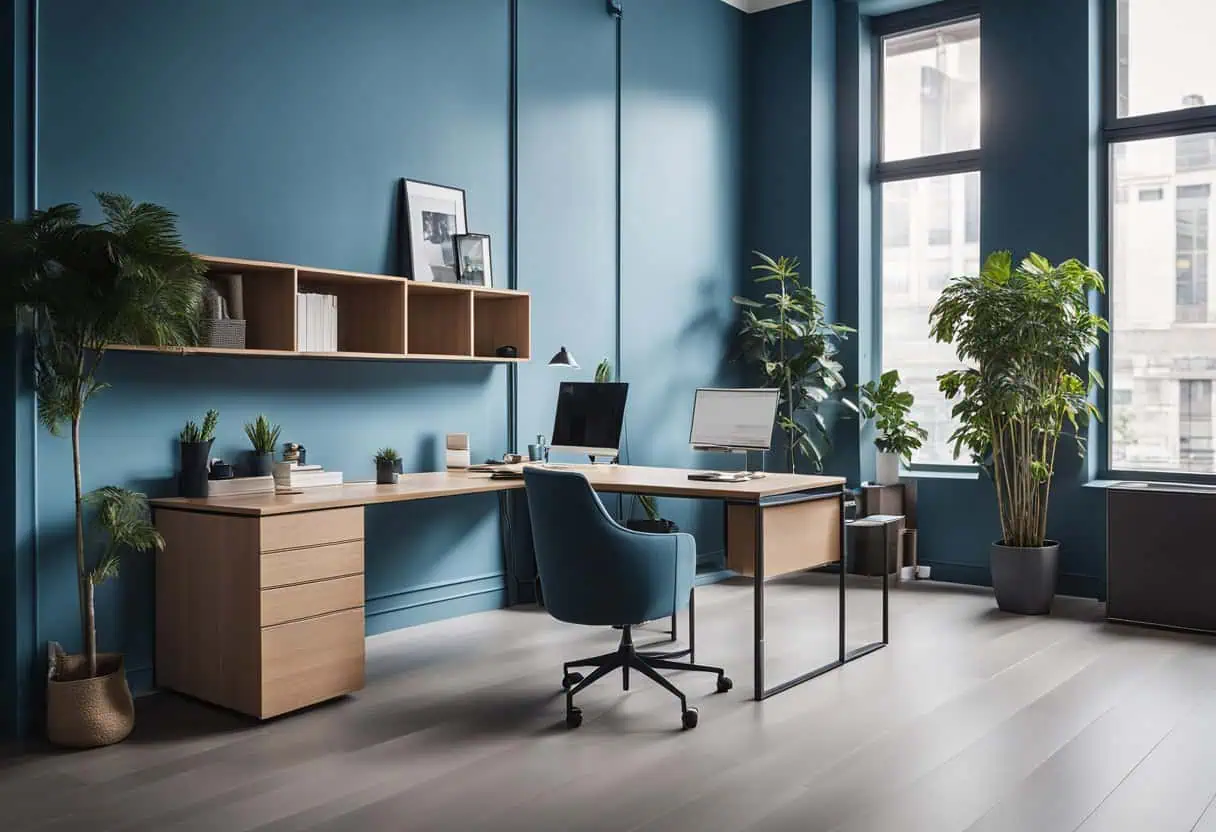 Bright office space with blue walls, large windows, and lush green plants for a fresh workspace vibe.