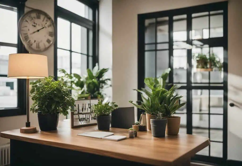 Entrance design with lush green plants and modern decor for a welcoming workspace.