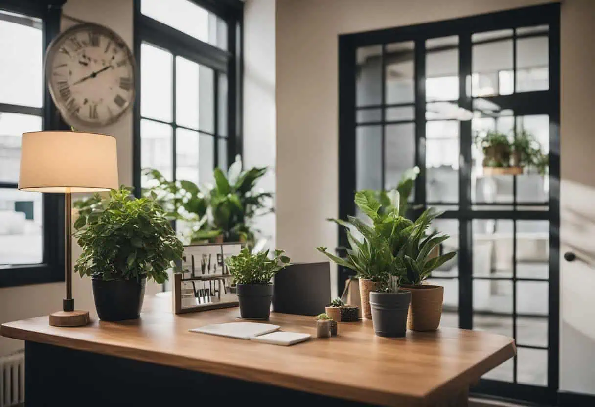 Entrance design with lush green plants and modern decor for a welcoming workspace.