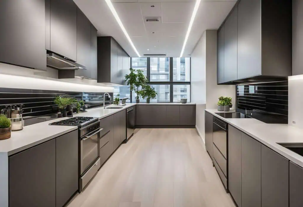 Office kitchen design with sleek gray cabinets and efficient layout for small spaces.