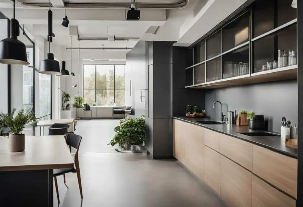 Efficient small office kitchen design featuring sleek black cabinetry and natural wood elements for.
