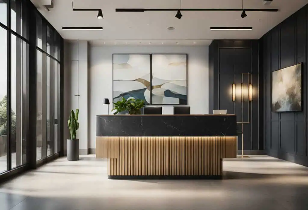 Elegant small office lobby with sleek reception desk and modern decor.