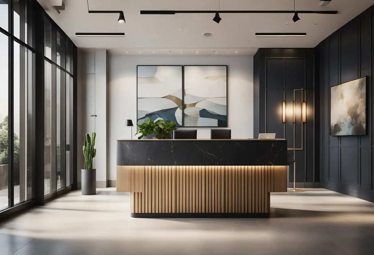 Elegant small office lobby with sleek reception desk and modern decor.