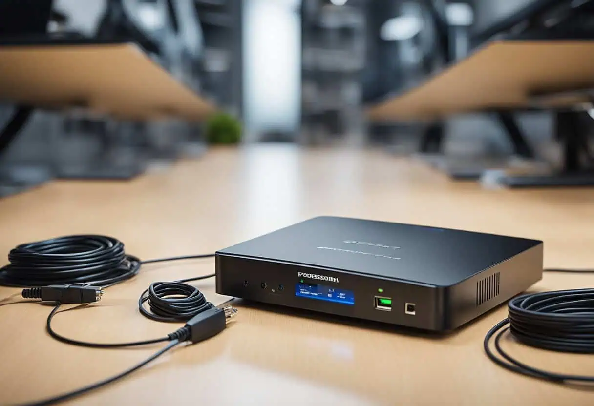 Small office network router with cables on a wooden desk for efficient connectivity.