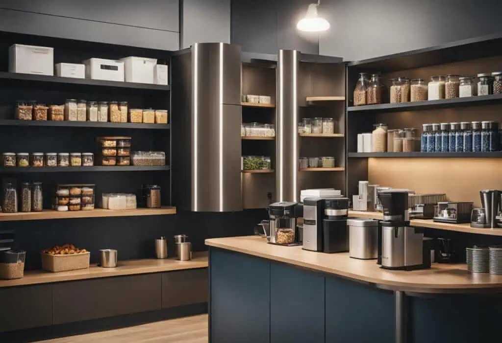 Office pantry with organized shelves and storage jars for snacks and supplies.