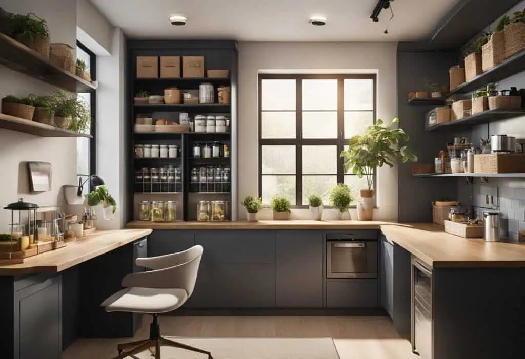 Modern office pantry with sleek cabinetry and organized storage solutions.