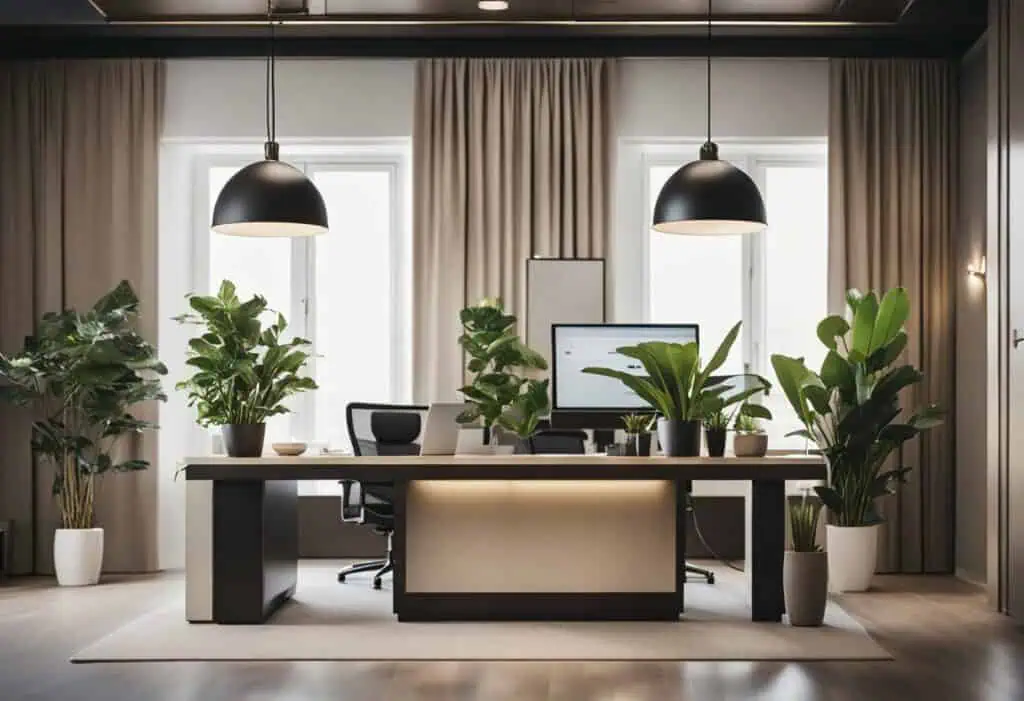 Bright office space with greenery, ideal for welcoming clients and maximizing small reception areas.