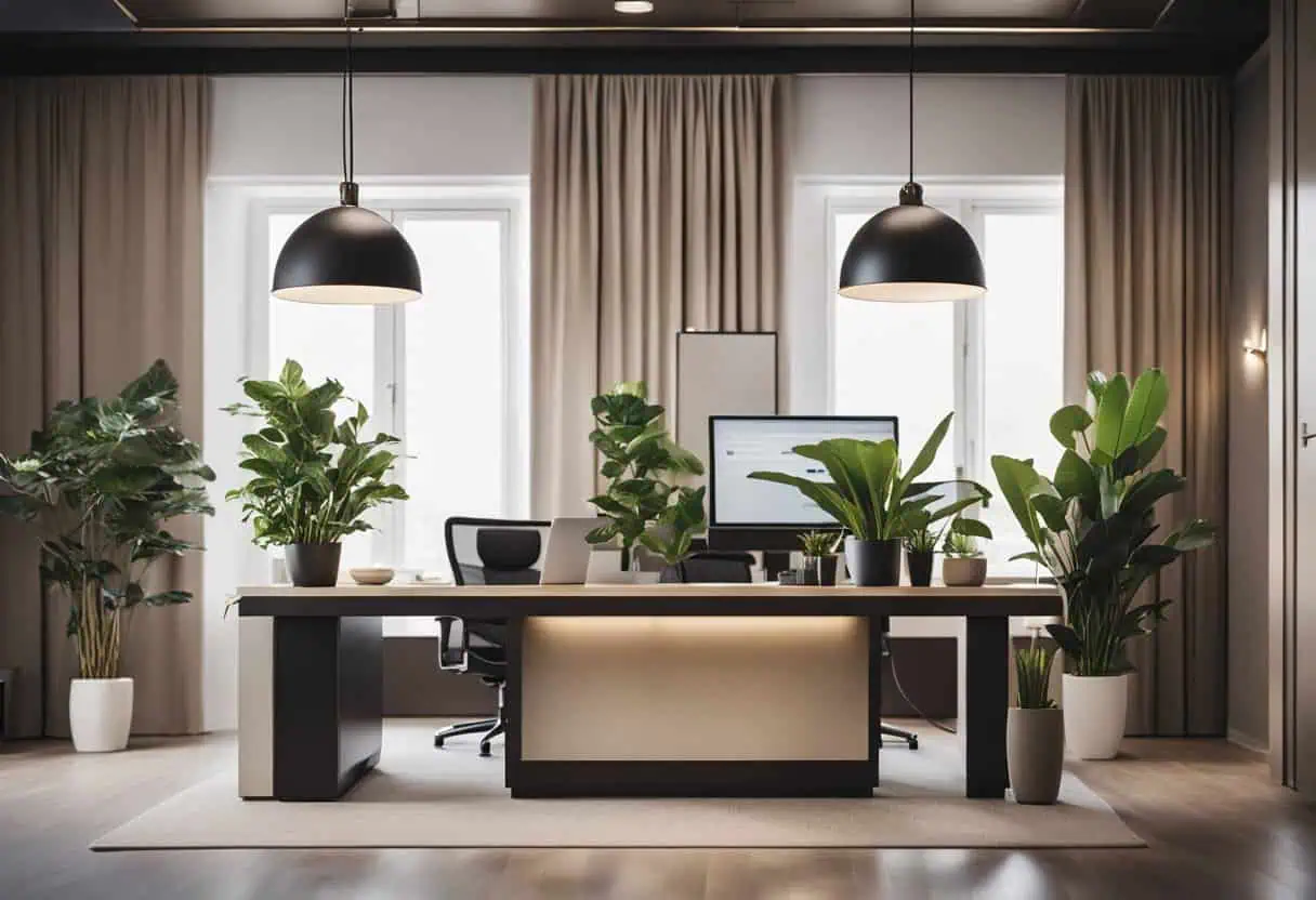 Bright office space with greenery, ideal for welcoming clients and maximizing small reception areas.