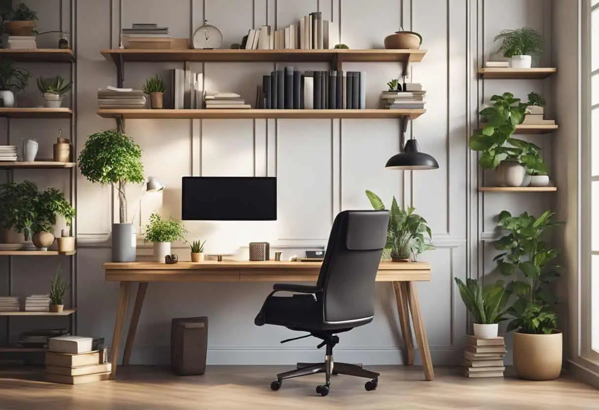 Modern home office with wooden desk and lush green plants.