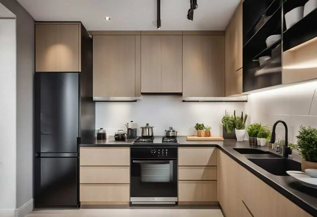 Efficient one wall kitchen layout with modern cabinetry and appliances for small spaces.