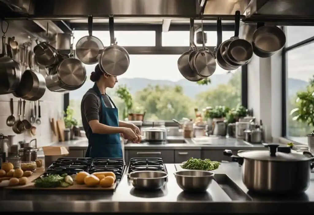 Open kitchen layout with modern appliances and hanging pots for a cozy, efficient restaurant space.