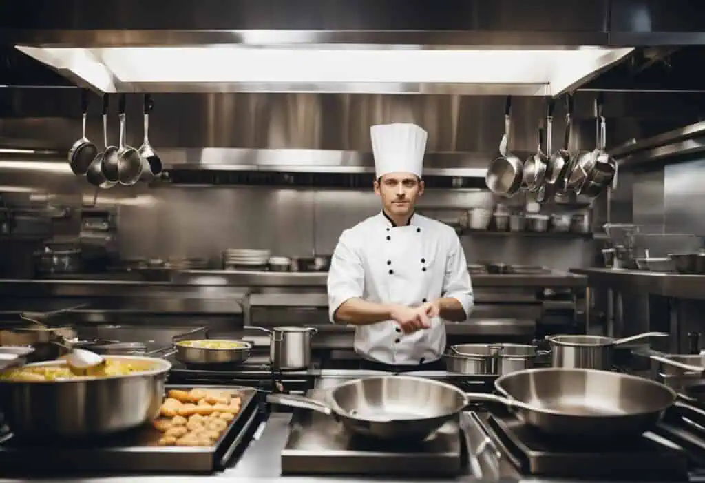 Professional chef in a modern, well-organized restaurant kitchen with stainless steel appliances.