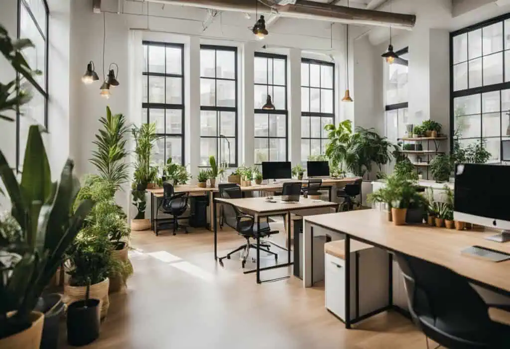Bright, airy startup workspace featuring natural light, ergonomic desks, and vibrant plants to boost.