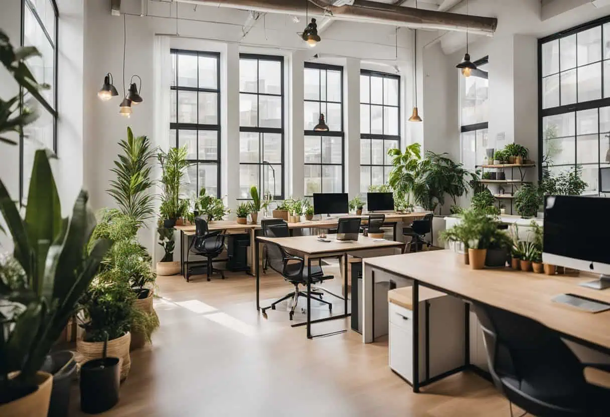 Bright, airy startup workspace featuring natural light, ergonomic desks, and vibrant plants to boost.