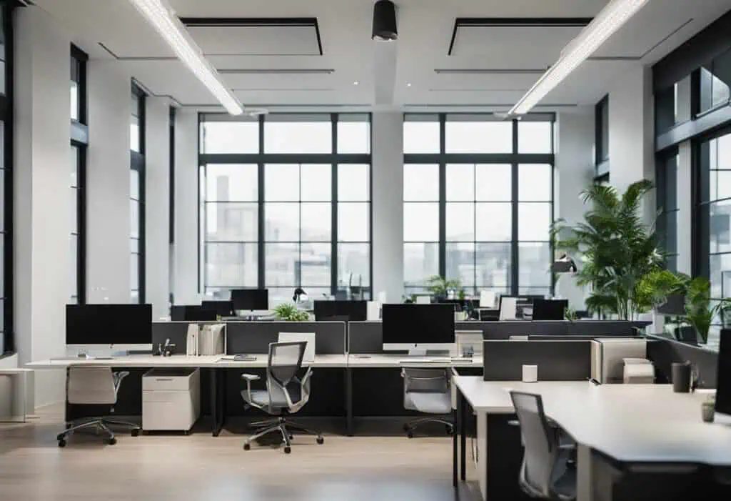 Office workspace with sleek desks, ergonomic chairs, and large windows for natural light.