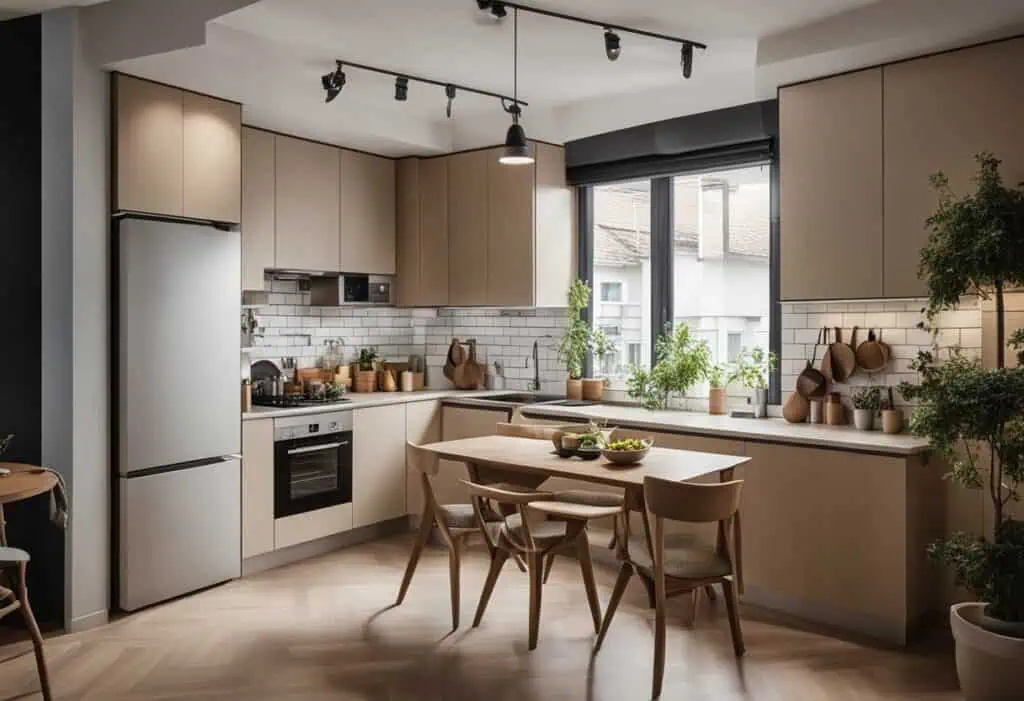 Modern small kitchen design with a dining table maximizing space and comfort. Perfect for intimate d.