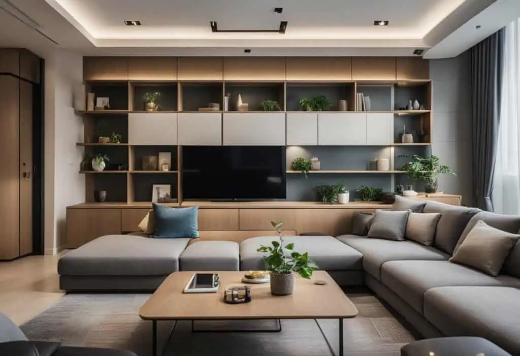 Contemporary living room featuring smart, space-saving furniture and stylish shelving.