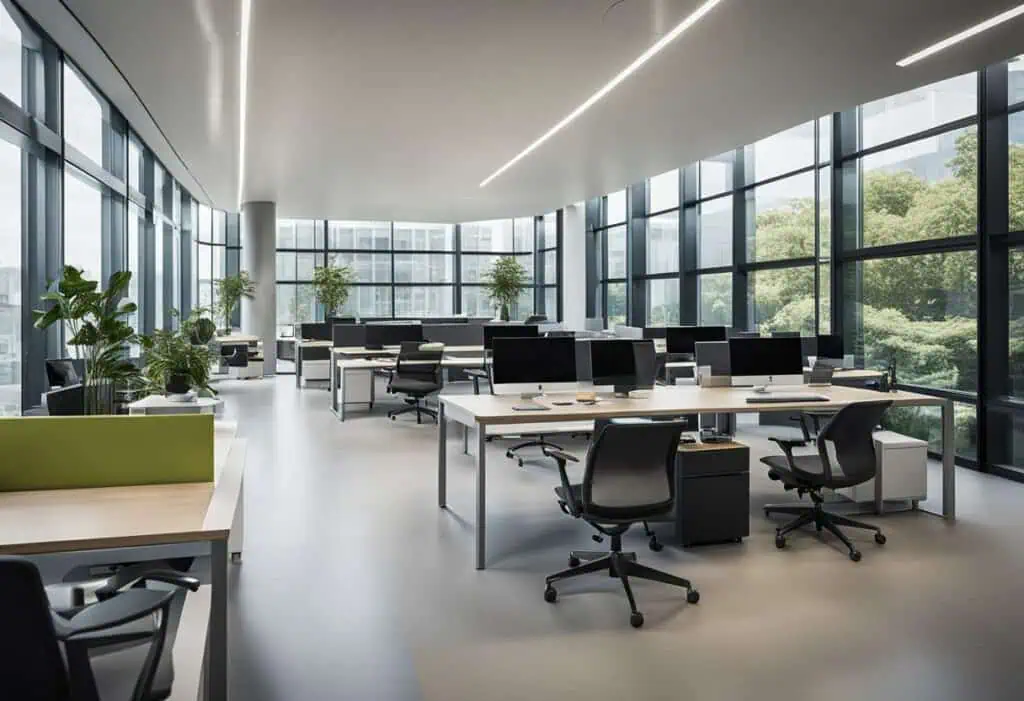 Office workspace with ergonomic desks and chairs in a bright, open-plan design. Perfect for creating.