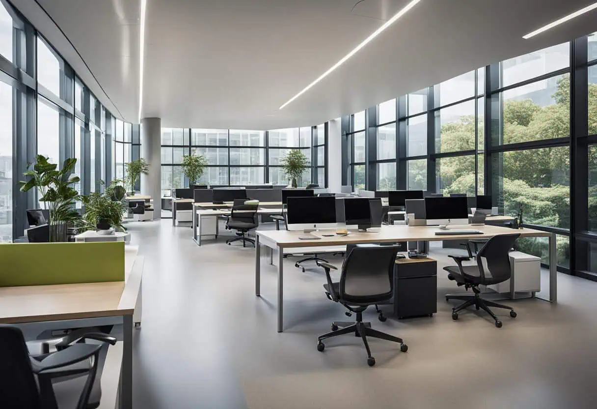 Office workspace with ergonomic desks and chairs in a bright, open-plan design. Perfect for creating.