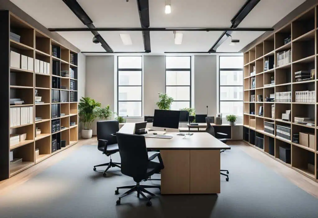 Office interior with organized shelves, desks, and ergonomic chairs for optimal workspace.
