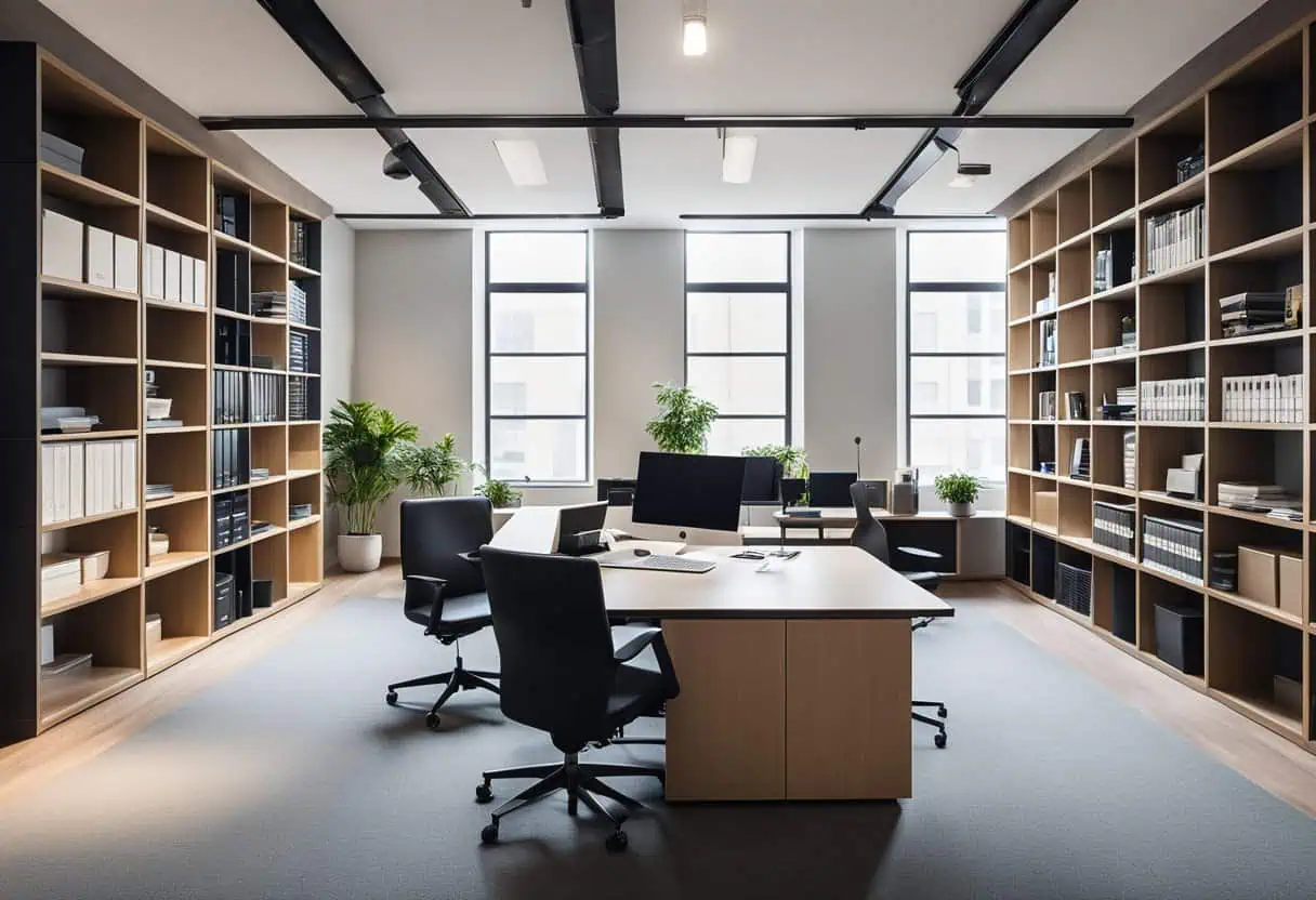Office interior with organized shelves, desks, and ergonomic chairs for optimal workspace.