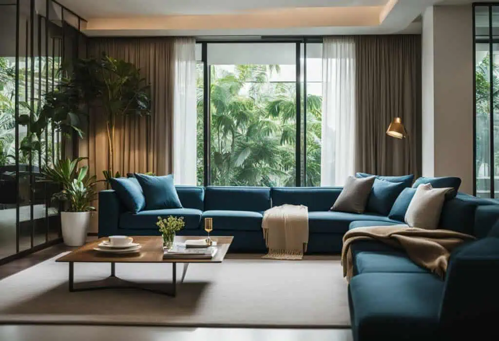 Elegant blue sofa furniture in a contemporary living room.