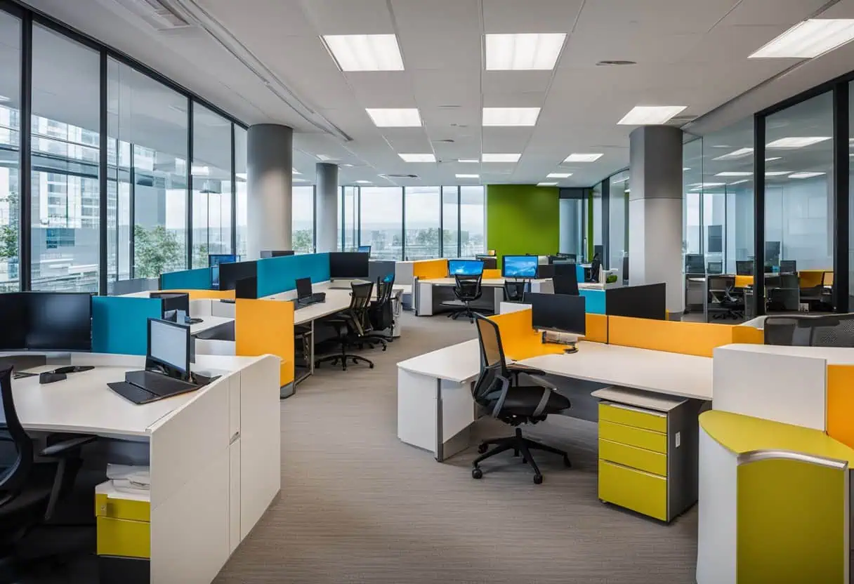 Bright and open office workspace with colorful partitions and ergonomic desks.