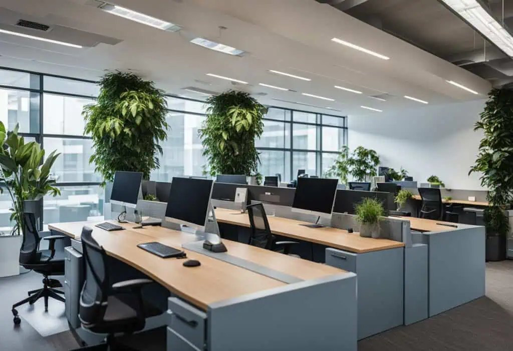 Efficient office interior with ergonomic desks, large windows, and lush greenery to enhance focus an.