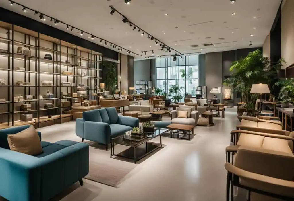 Stylish furniture display featuring contemporary sofas and home accessories in a spacious showroom.