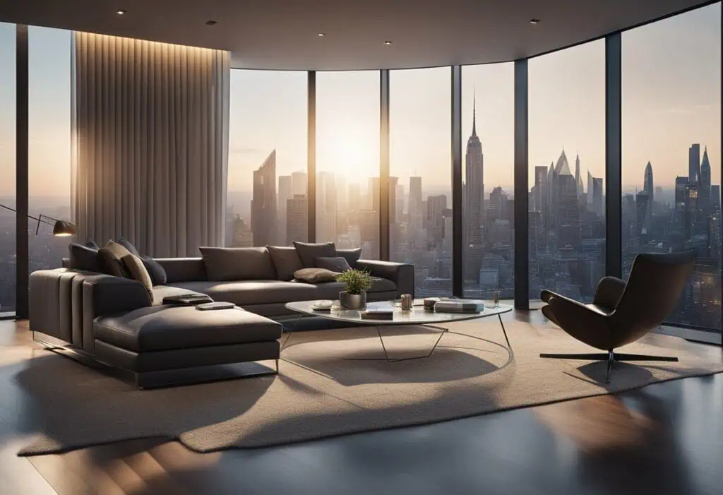 Futuristic cityscape view from a sleek, modern living room with large windows and contemporary furni.