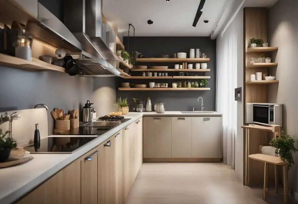 Efficient space-saving kitchen design with open shelves and minimalist cabinetry.