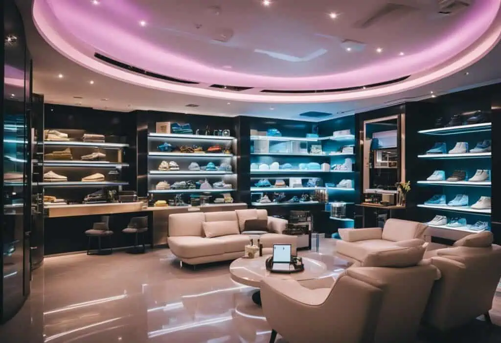 Luxurious shoe display shelves with LED lighting in a sleek, contemporary store interior.
