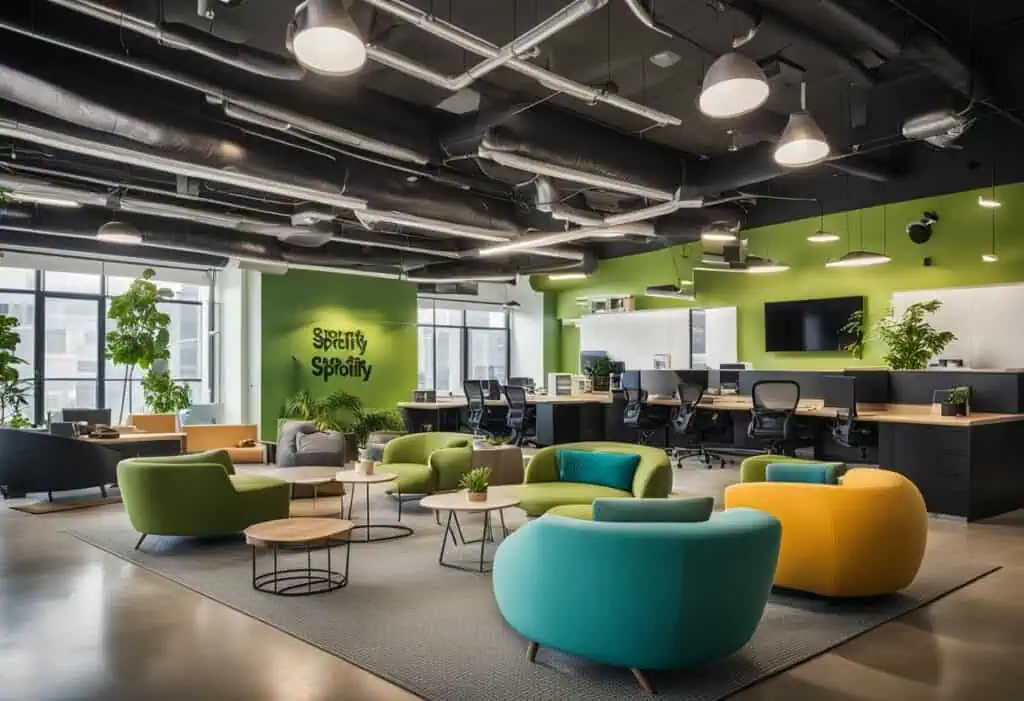 Bright and modern Spotify office workspace with colorful seating and collaborative zones.