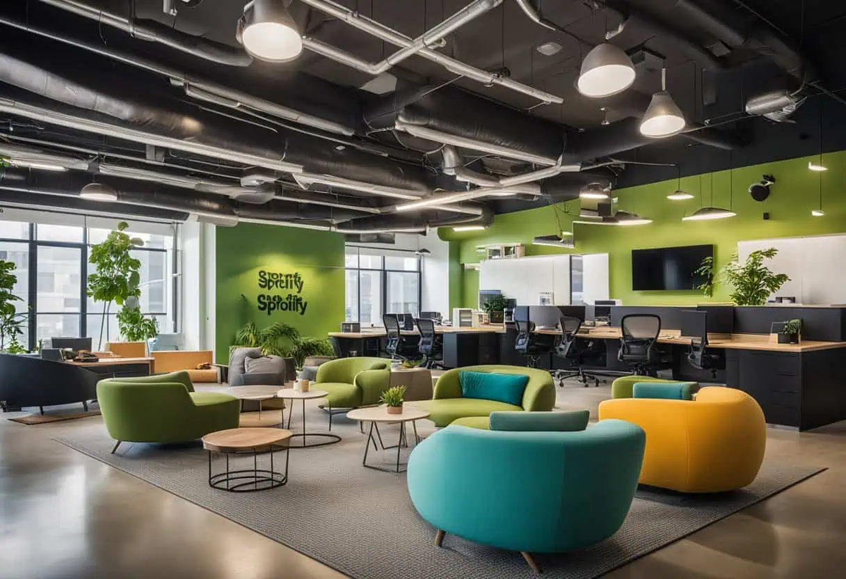 Bright and modern Spotify office workspace with colorful seating and collaborative zones.