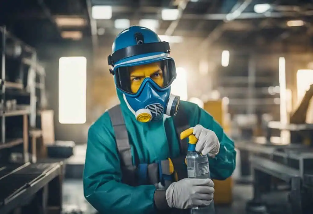 Worker in protective gear spray painting furniture in a workshop.