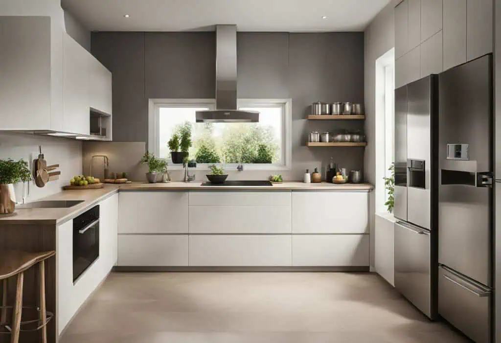 Bright and sleek square kitchen layout with efficient storage solutions and contemporary style.