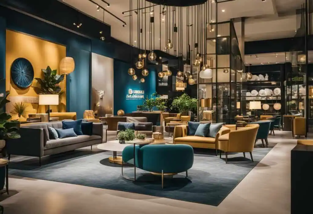 Elegant modern living room furniture setup with sofas, chairs, and lighting in Singapore showroom.