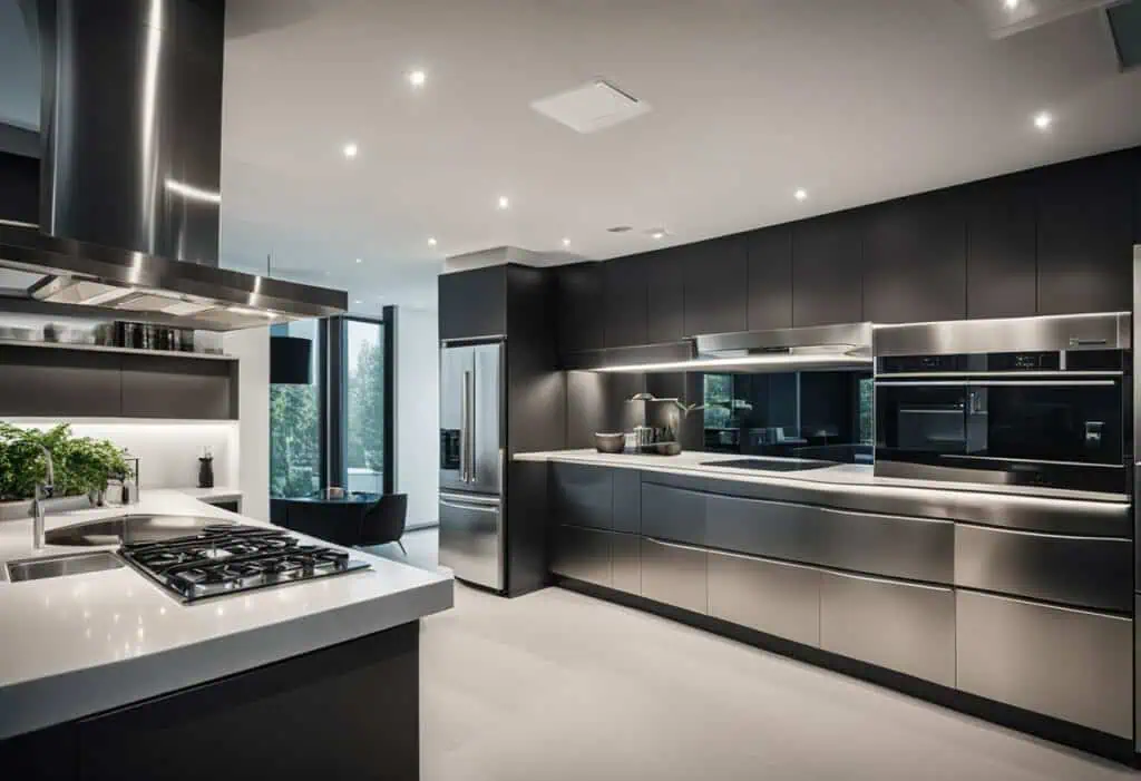 Modern stainless steel kitchen with minimalist cabinetry and built-in appliances.