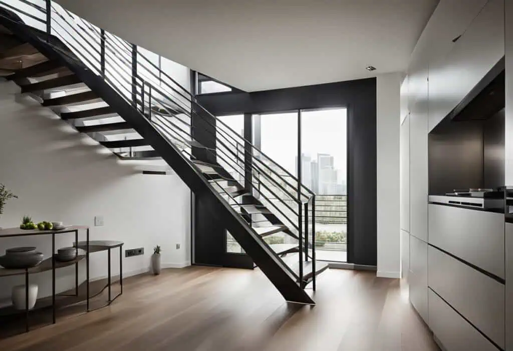Staircase design in modern kitchen with black metal stairs and glass windows.