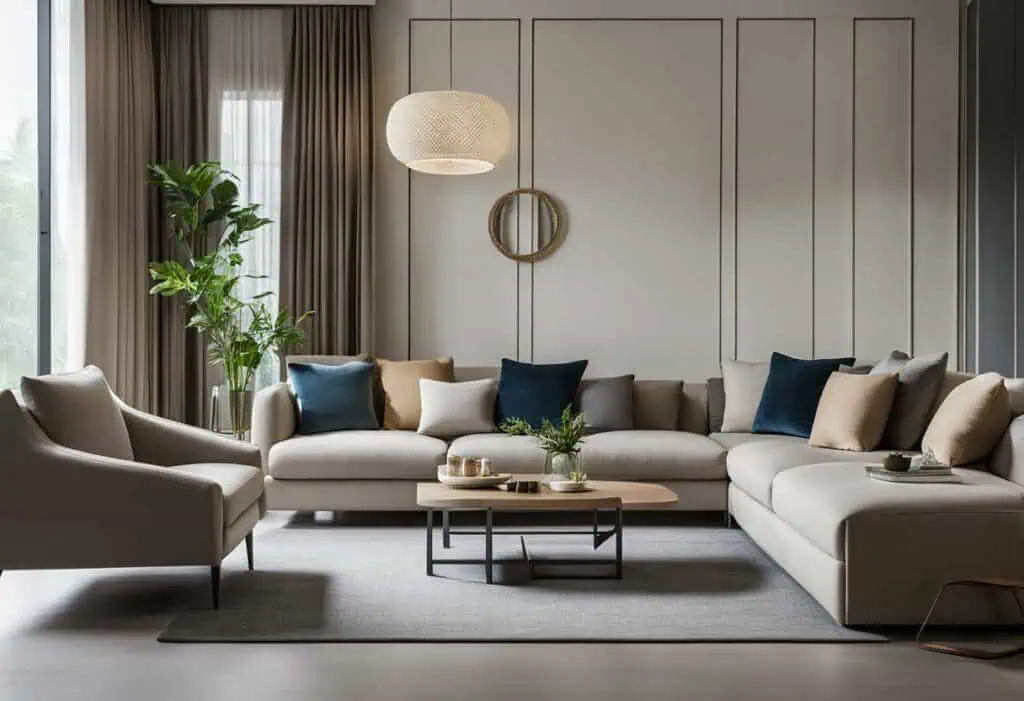 Stylish living room featuring a plush sofa, armchair, and contemporary decor for a cozy, sophisticat.