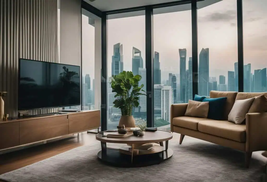 Modern living room furniture with large windows overlooking Singapore's skyline.