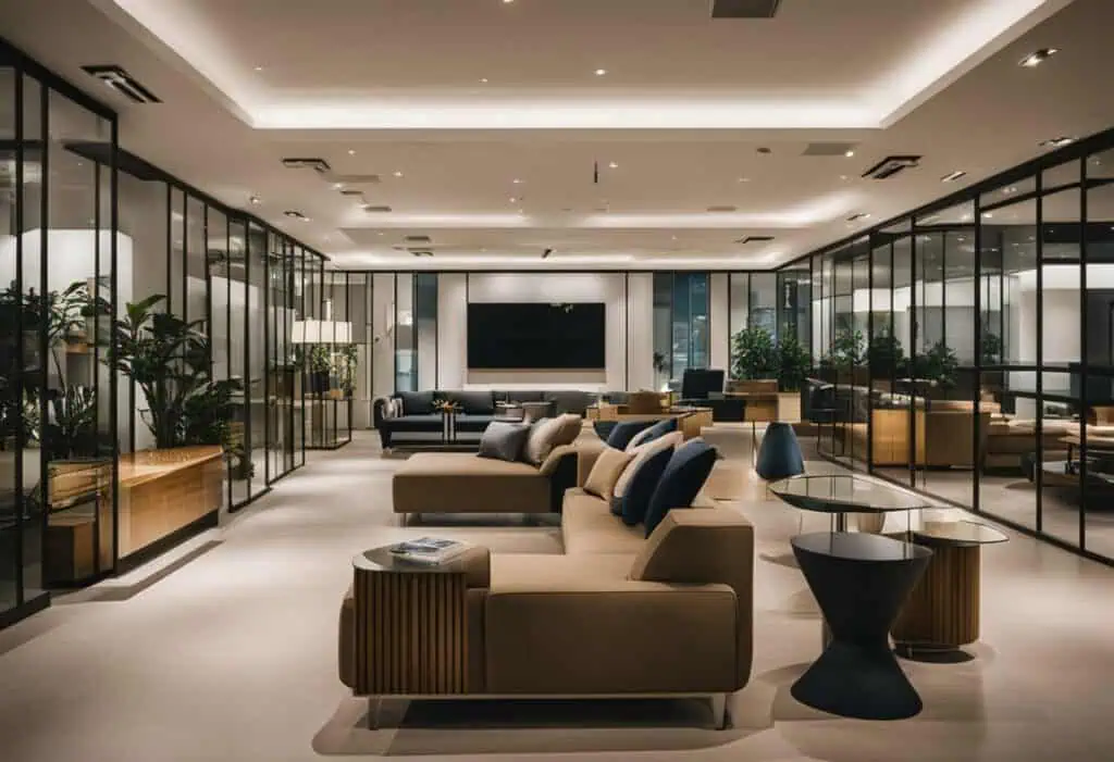 Luxurious modern lounge with comfortable sofas and sleek furniture, perfect for relaxing or entertai.