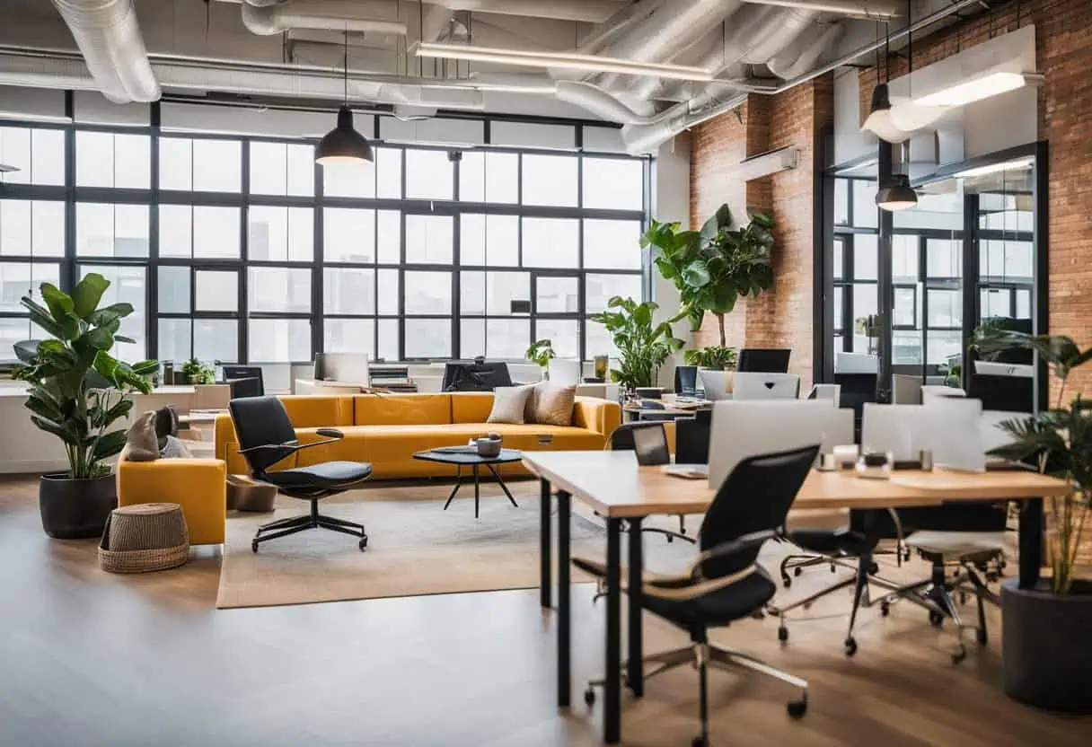 Bright startup office interior with large windows, modern furniture, and vibrant decor for a product.