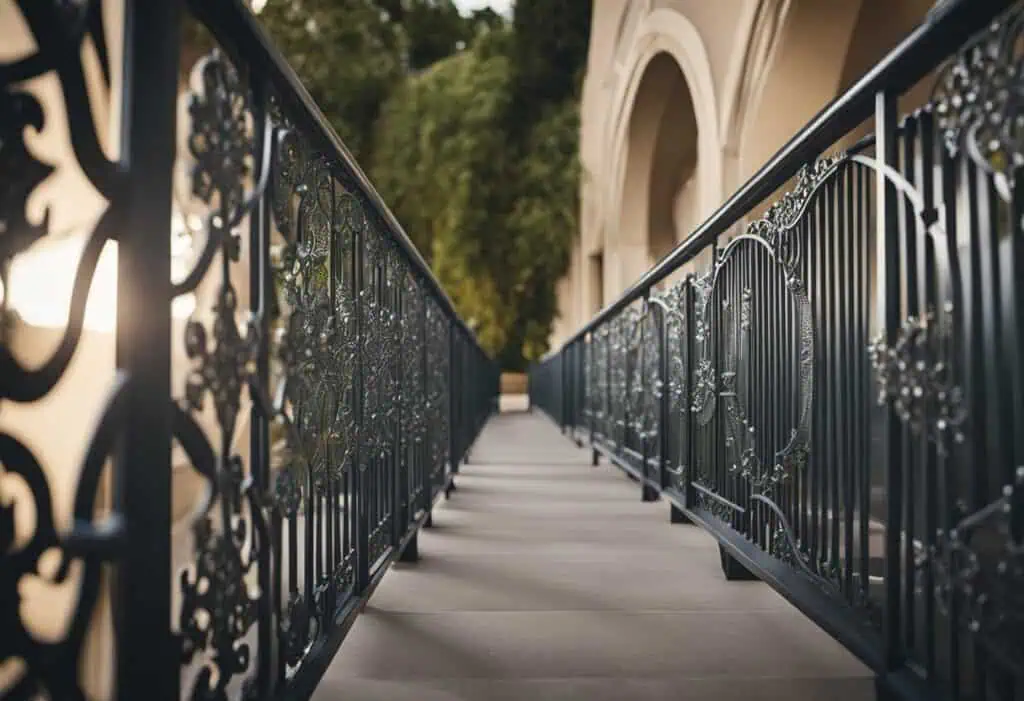 Elegant steel balcony railing with intricate glass details and decorative patterns.